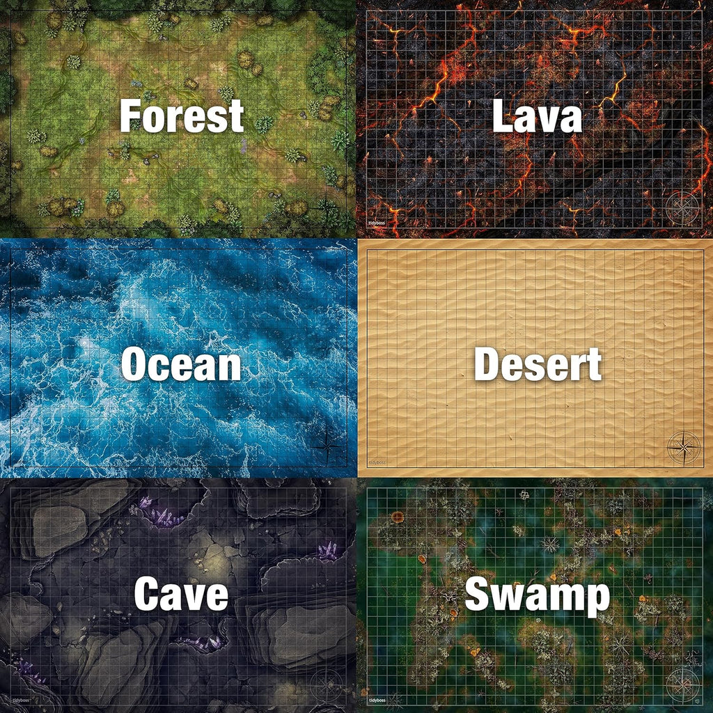 DND Expansion Pack | 3 X Double Sides 24X 36 Game Grid Mat | 6 Terrains with Lava, Sea, Forest, Cave, Swamp and Desert | Includes 2 X Dry Erase Markers, Eraser and Clips