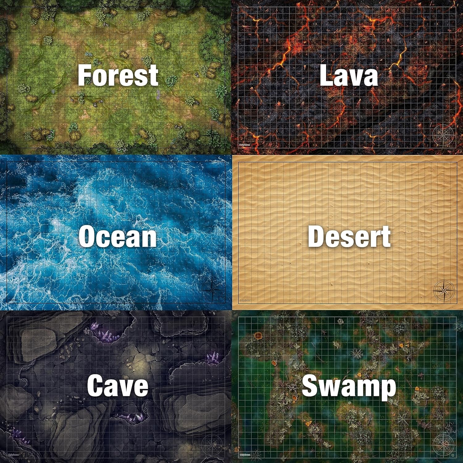 DND Expansion Pack | 3 X Double Sides 24X 36 Game Grid Mat | 6 Terrains with Lava, Sea, Forest, Cave, Swamp and Desert | Includes 2 X Dry Erase Markers, Eraser and Clips