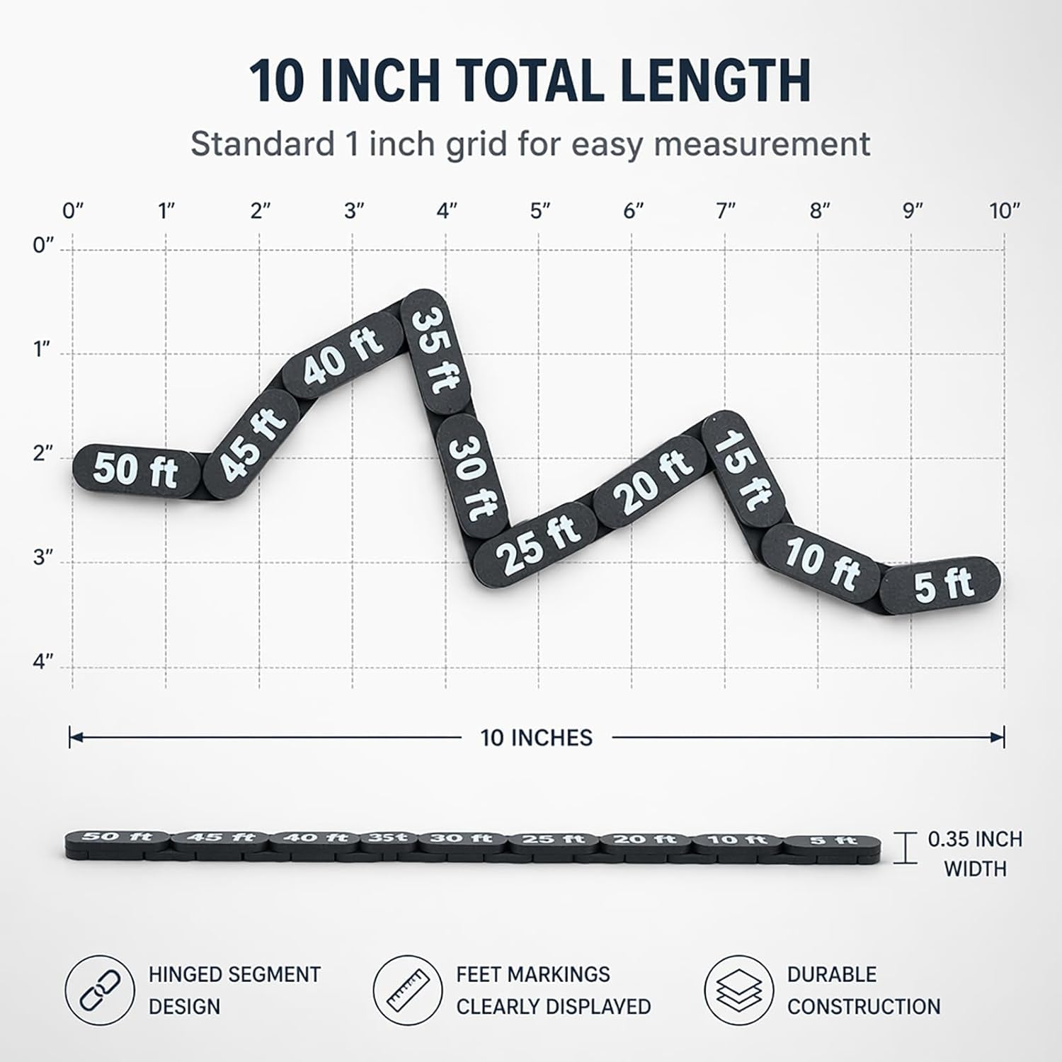 10" Articulated DND Movement Ruler, Flexible Measuring Gauge for Tabletop RPG Miniatures, Pathfinder & Wargaming Tool, Precise 5-50Ft Scale, Durable Non-Removable Links