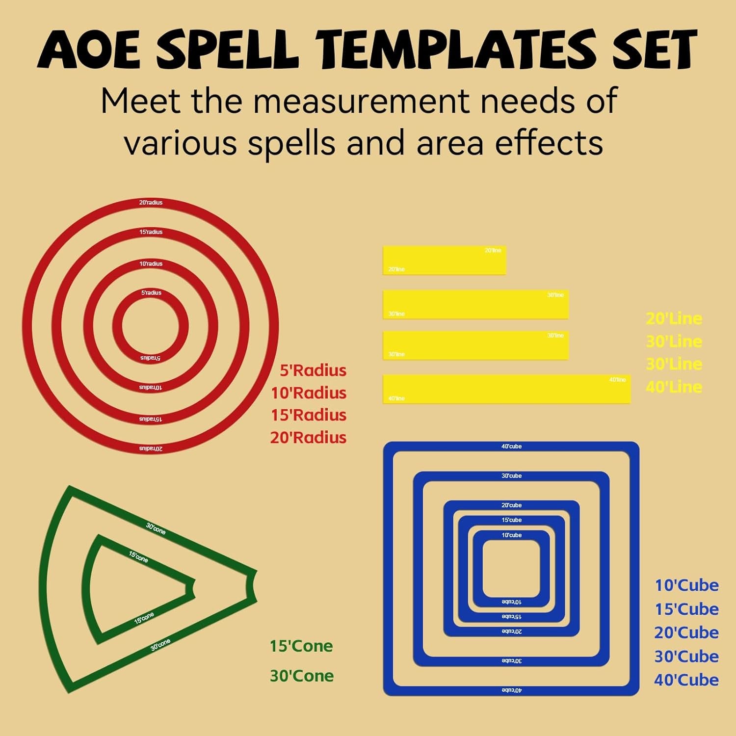 15 Pcs Area of Effect Spell Templates, DND Spell Templates, Acrylic Spell AOE Damage Template Set, Include 5 Cube 4 Circle 2 Cone 4 Line Templates, Tabletop RPG Gaming Accessories.