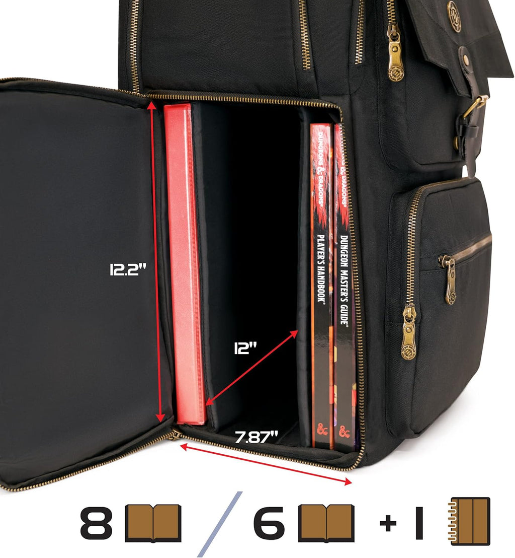 Dnd Backpack - RPG DM Bag for Dungeons and Dragons - Travel Dnd Bag Organizer Fits 6-8 Books Upright, 18" Laptop/Dm Screen Slot, Miniature Storage Foam Trays, Accessories Pockets, Map Strap