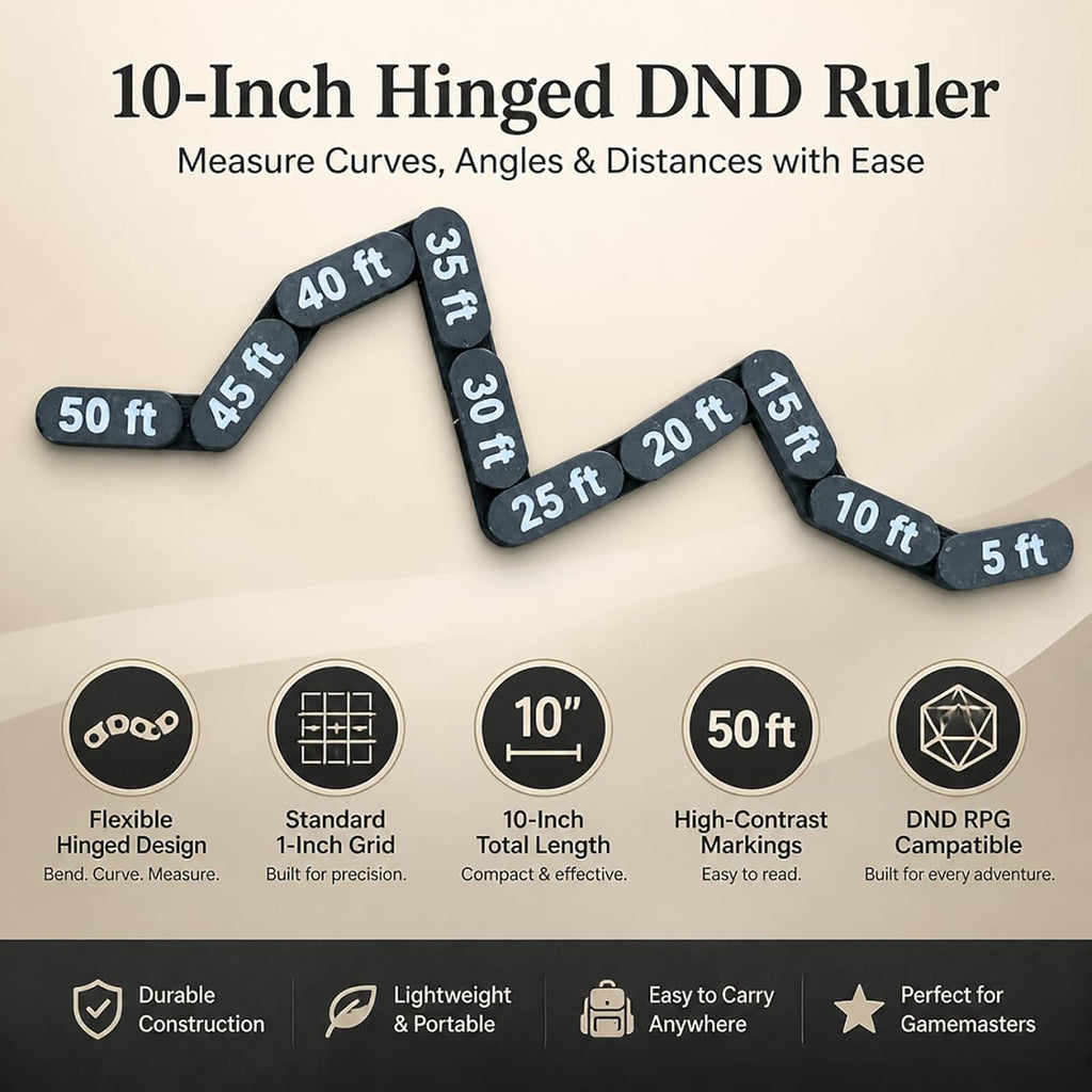10" Articulated DND Movement Ruler, Flexible Measuring Gauge for Tabletop RPG Miniatures, Pathfinder & Wargaming Tool, Precise 5-50Ft Scale, Durable Non-Removable Links