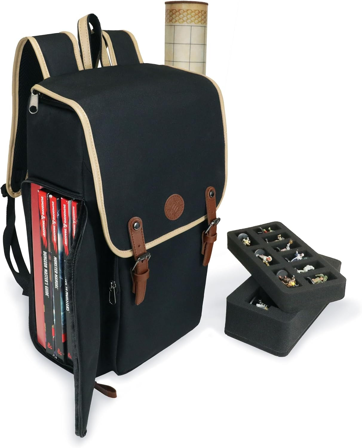 Designer Edition Dnd Backpack - Stylish RPG Backpack for Dungeons and Dragons - Travel Dnd Bag Fits 4 Books and Binder with Miniature Storage, Map Holder, Comfortable Shoulder Straps (Black)