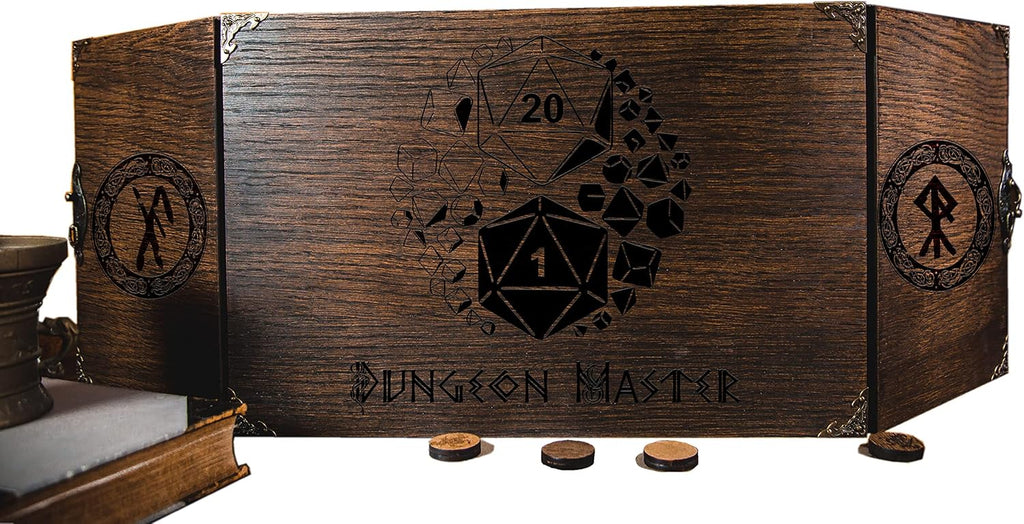 Game Master Screen Made for Board Role Playing Game - Wooden Handcrafted GM Screen Set - DM Gift Idea - Gifts for Him and Her (Medium 12X9" Foldable, Dices)