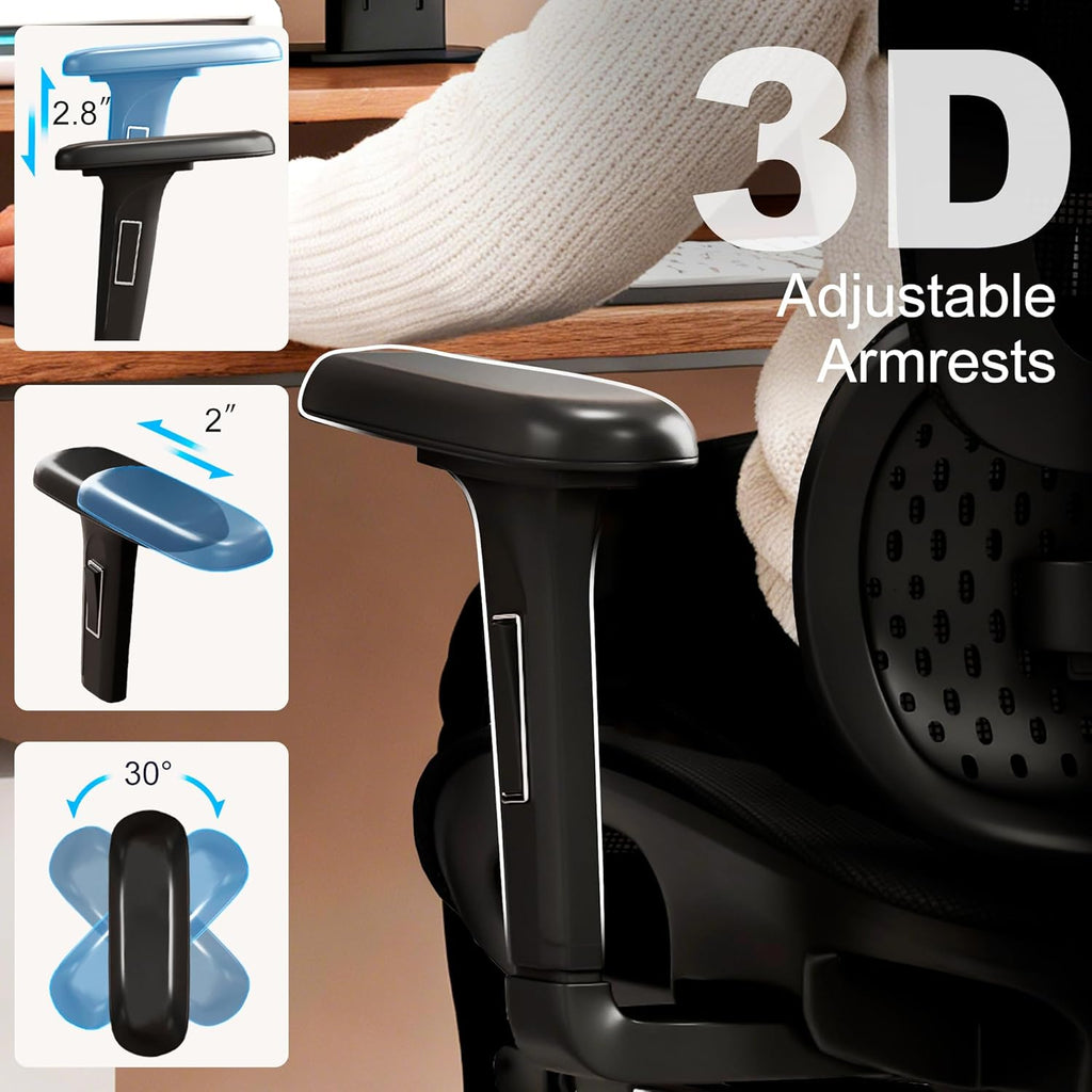 Ergonomic Office Chair with Footrest, Desk Chairs with Adjustable 3D Headrest and Armrests, Computer Gaming Chair with Dynamic Lumbar Support & Adjustable Depth Breathable Mesh Seat (Black)