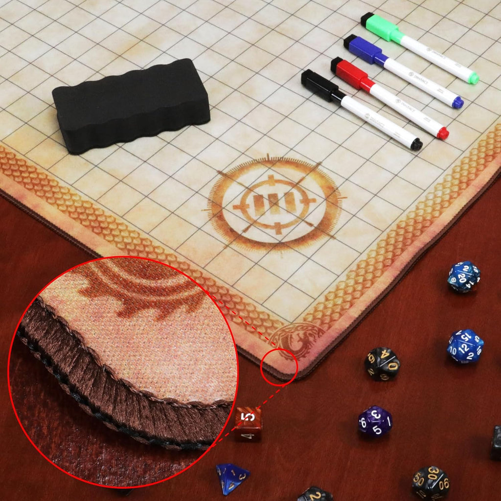 Deluxe RPG Grid Mat - DND Map (24X36In) with Premium Rubber, Non-Slip Grip, No Creasing - Dry Erase DND Mat Set for Masters and Starters, Erasable Parchment with Travel Pouch, Marker Set
