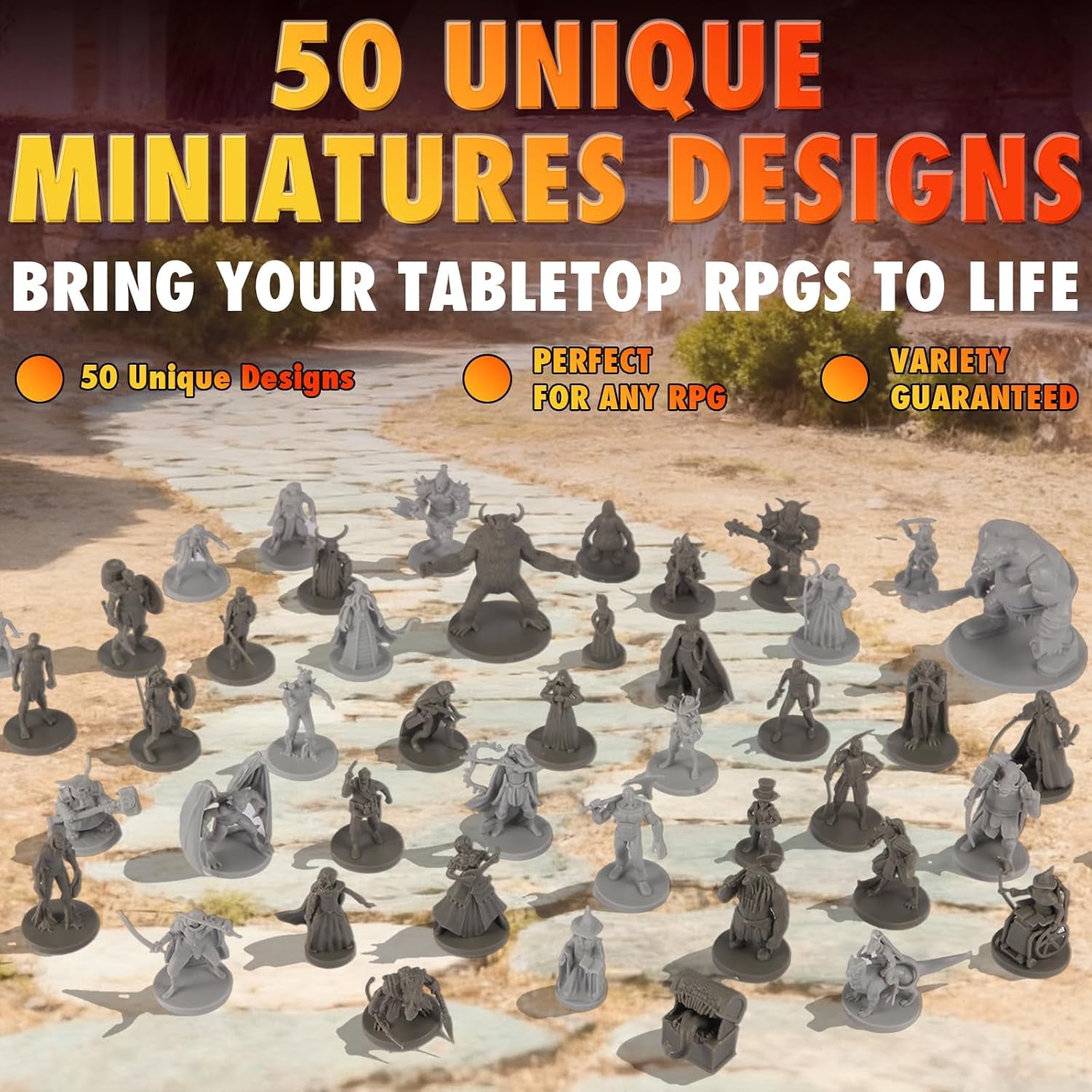 50 Unique Miniatures Fantasy Tabletop RPG Figures for Dungeons and Dragons, Pathfinder Roleplaying Games, Bulk Unpainted, Great for D&D