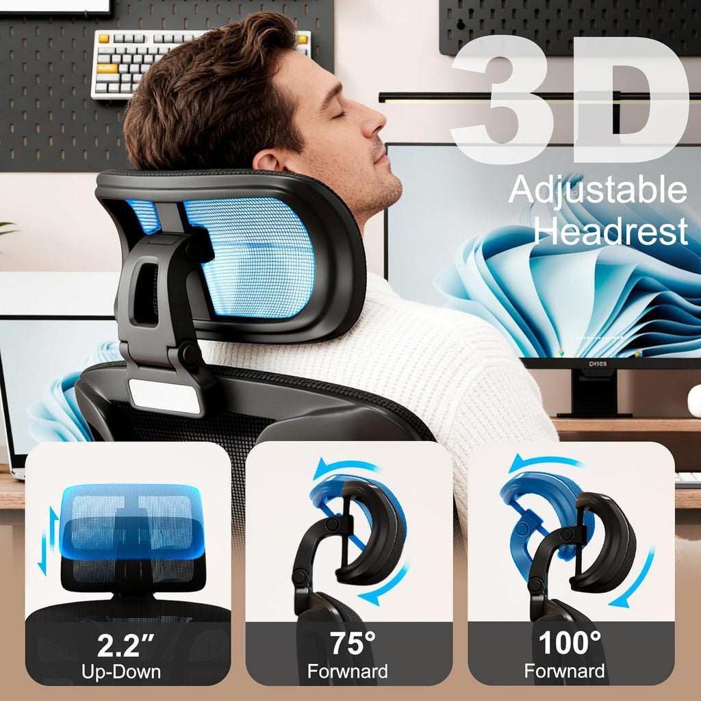 Ergonomic Office Chair with Footrest, Desk Chairs with Adjustable 3D Headrest and Armrests, Computer Gaming Chair with Dynamic Lumbar Support & Adjustable Depth Breathable Mesh Seat (Black)