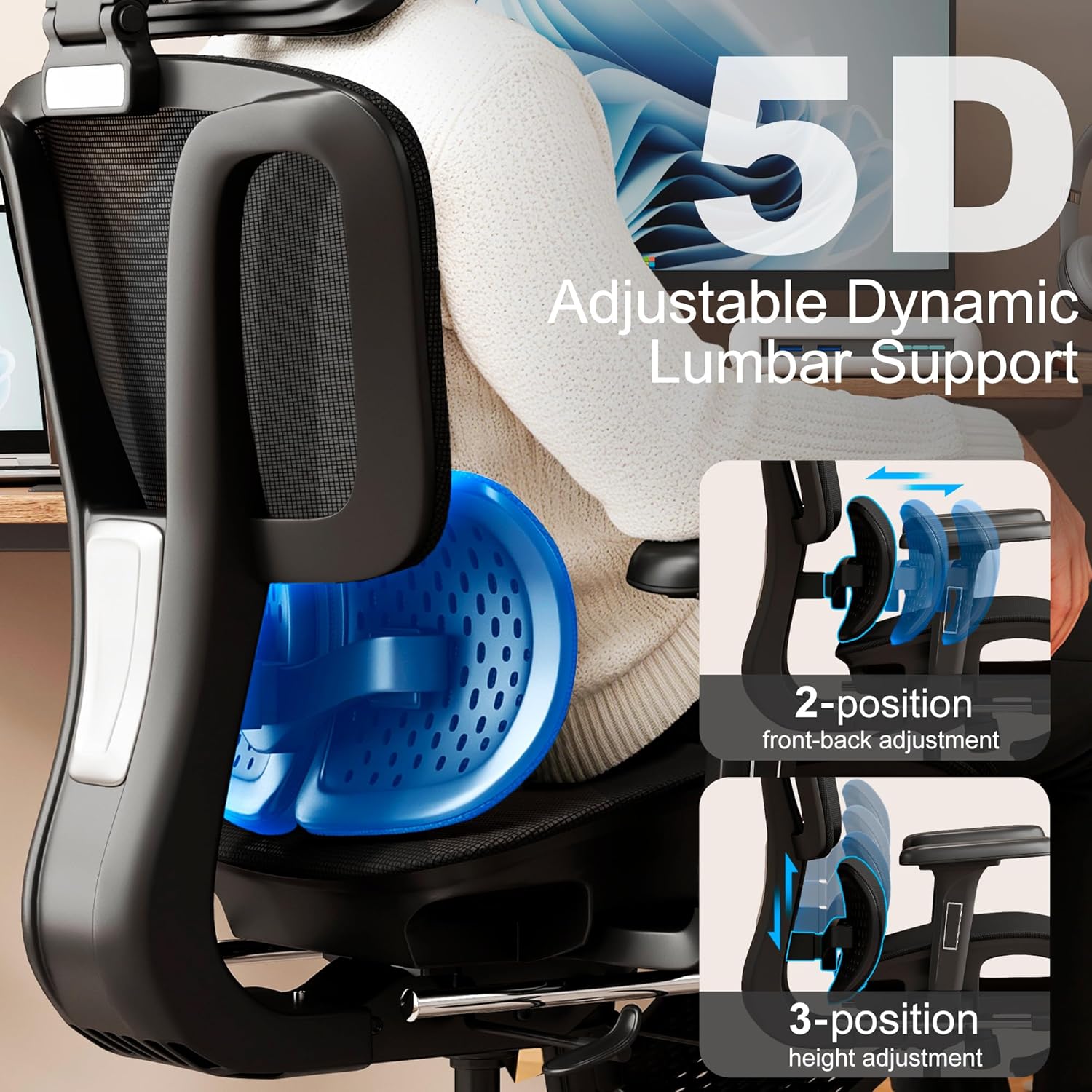 Ergonomic Office Chair with Footrest, Desk Chairs with Adjustable 3D Headrest and Armrests, Computer Gaming Chair with Dynamic Lumbar Support & Adjustable Depth Breathable Mesh Seat (Black)