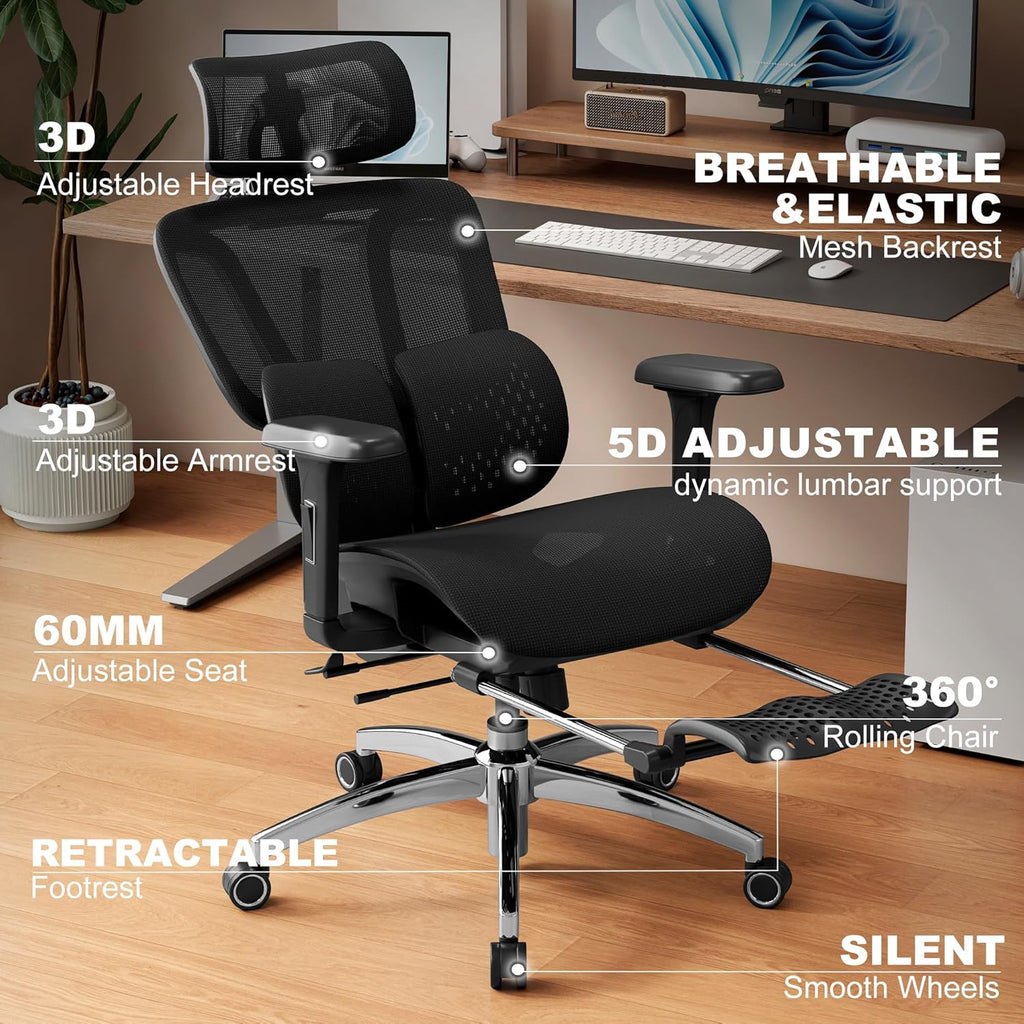 Ergonomic Office Chair with Footrest, Desk Chairs with Adjustable 3D Headrest and Armrests, Computer Gaming Chair with Dynamic Lumbar Support & Adjustable Depth Breathable Mesh Seat (Black)