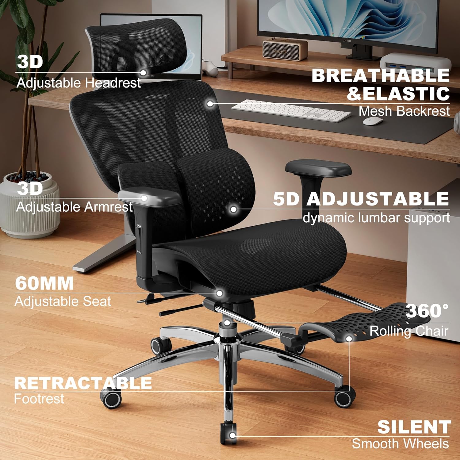 Ergonomic Office Chair with Footrest, Desk Chairs with Adjustable 3D Headrest and Armrests, Computer Gaming Chair with Dynamic Lumbar Support & Adjustable Depth Breathable Mesh Seat (Black)