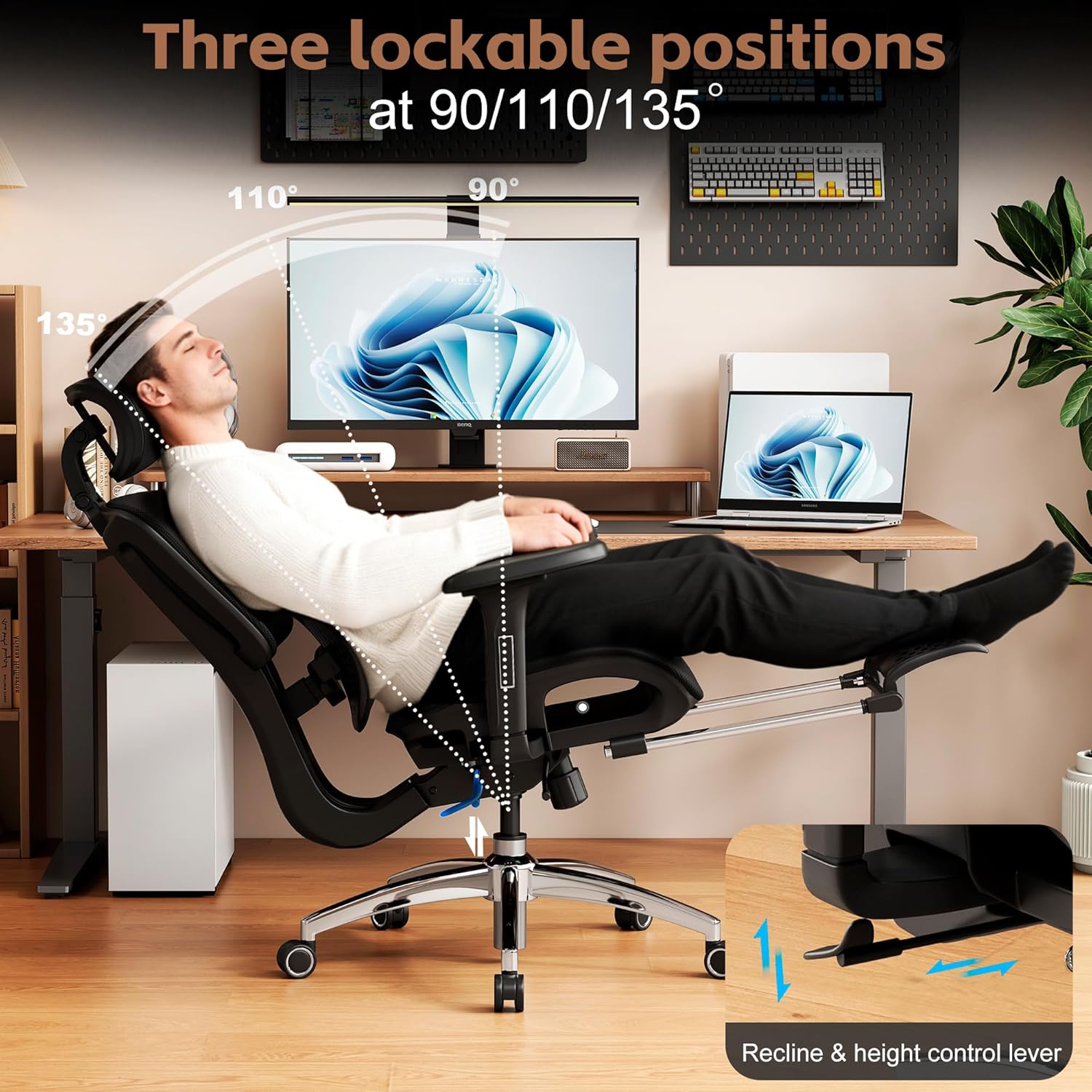 Ergonomic Office Chair with Footrest, Desk Chairs with Adjustable 3D Headrest and Armrests, Computer Gaming Chair with Dynamic Lumbar Support & Adjustable Depth Breathable Mesh Seat (Black)