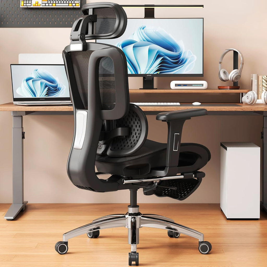 Ergonomic Office Chair with Footrest, Desk Chairs with Adjustable 3D Headrest and Armrests, Computer Gaming Chair with Dynamic Lumbar Support & Adjustable Depth Breathable Mesh Seat (Black)