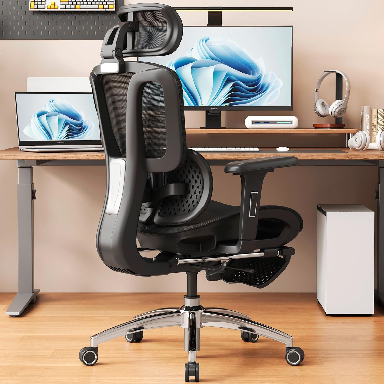 Ergonomic Office Chair with Footrest, Desk Chairs with Adjustable 3D Headrest and Armrests, Computer Gaming Chair with Dynamic Lumbar Support & Adjustable Depth Breathable Mesh Seat (Black)