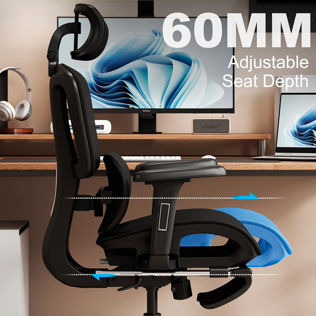 Ergonomic Office Chair with Footrest, Desk Chairs with Adjustable 3D Headrest and Armrests, Computer Gaming Chair with Dynamic Lumbar Support & Adjustable Depth Breathable Mesh Seat (Black)