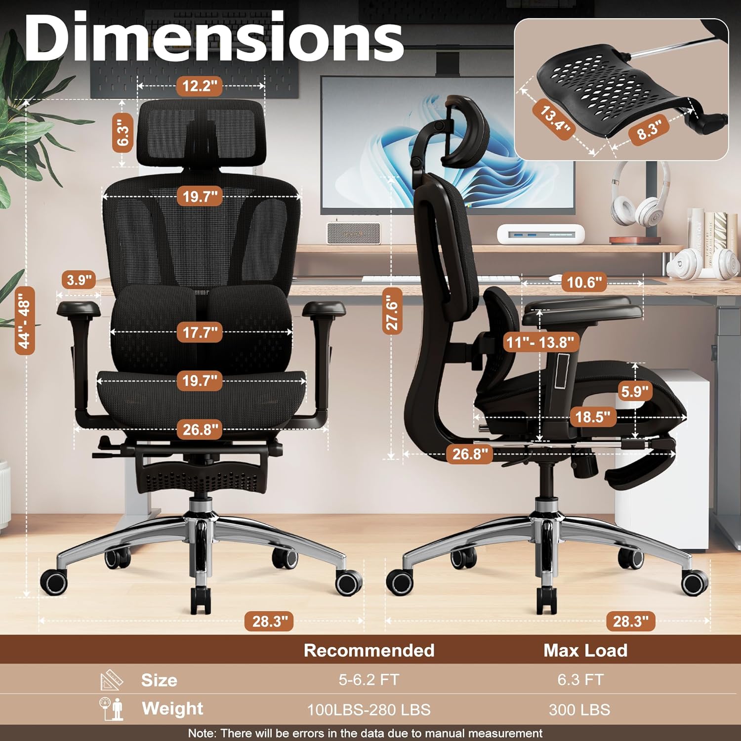 Ergonomic Office Chair with Footrest, Desk Chairs with Adjustable 3D Headrest and Armrests, Computer Gaming Chair with Dynamic Lumbar Support & Adjustable Depth Breathable Mesh Seat (Black)