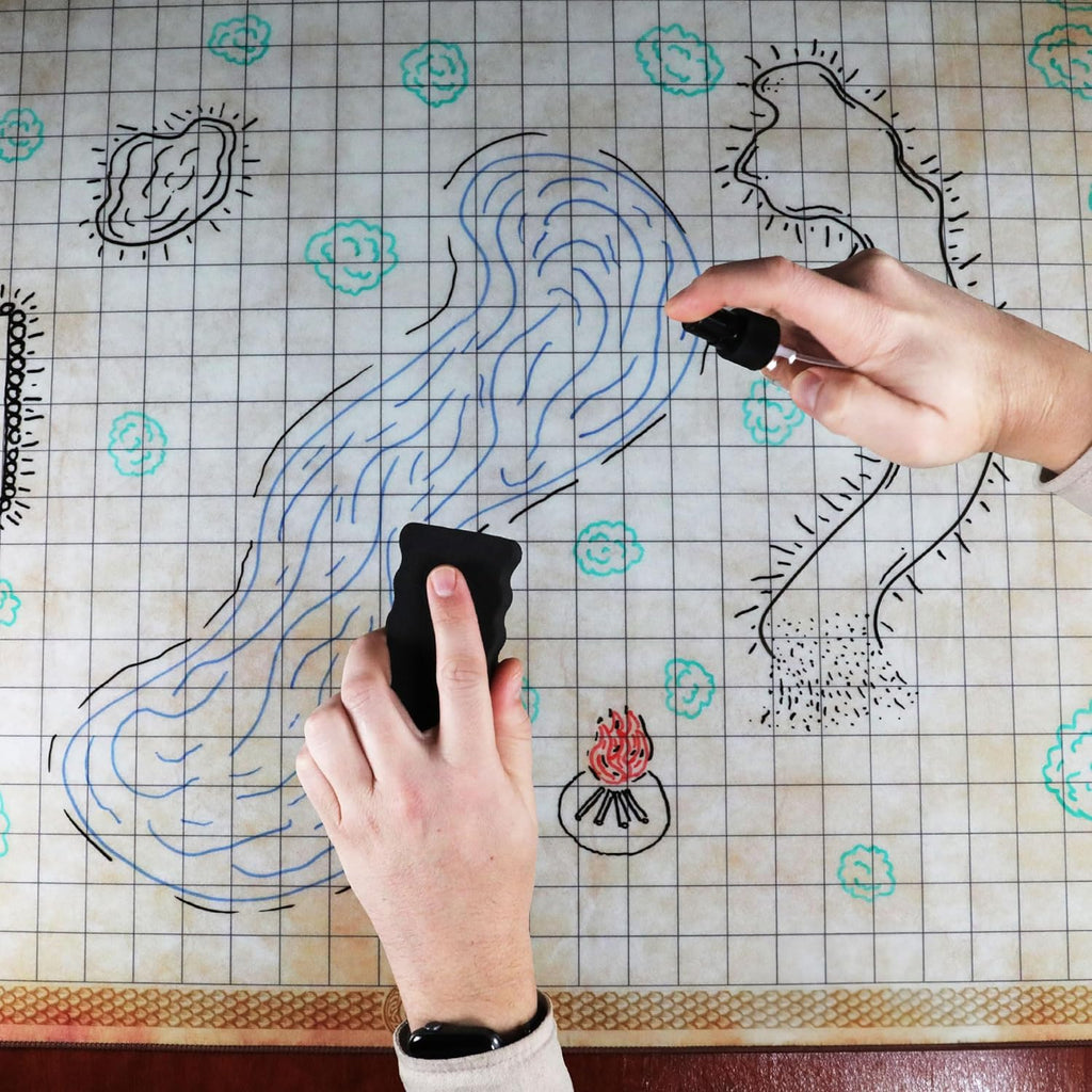 Deluxe RPG Grid Mat - DND Map (24X36In) with Premium Rubber, Non-Slip Grip, No Creasing - Dry Erase DND Mat Set for Masters and Starters, Erasable Parchment with Travel Pouch, Marker Set