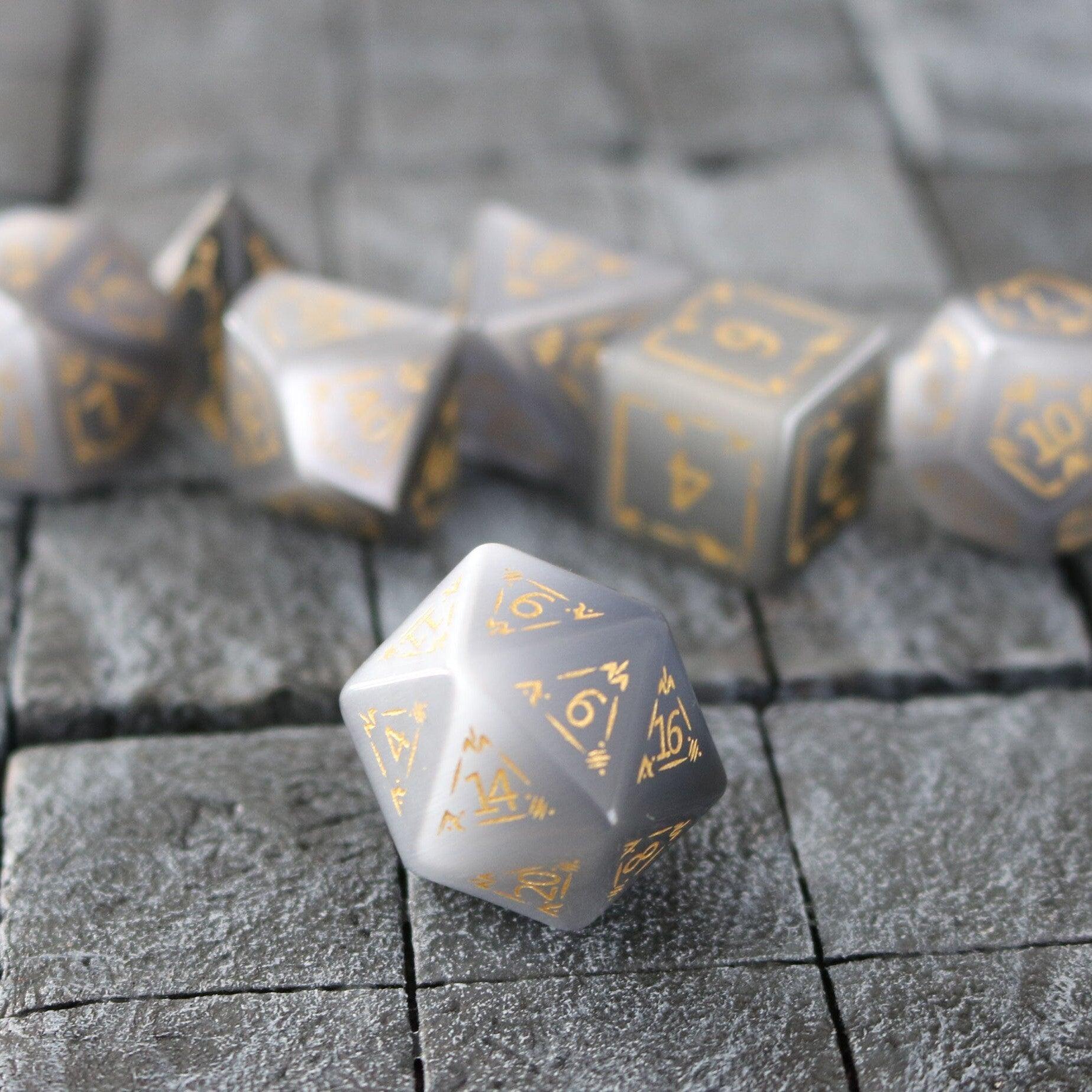 Dragon Shield Gray Cats Eye Gemstone DND Dice Set