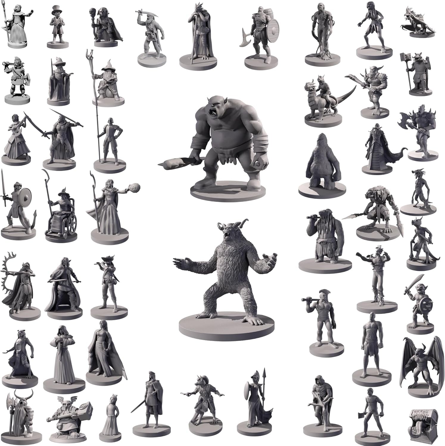 50 Unique Miniatures Fantasy Tabletop RPG Figures for Dungeons and Dragons, Pathfinder Roleplaying Games, Bulk Unpainted, Great for D&D