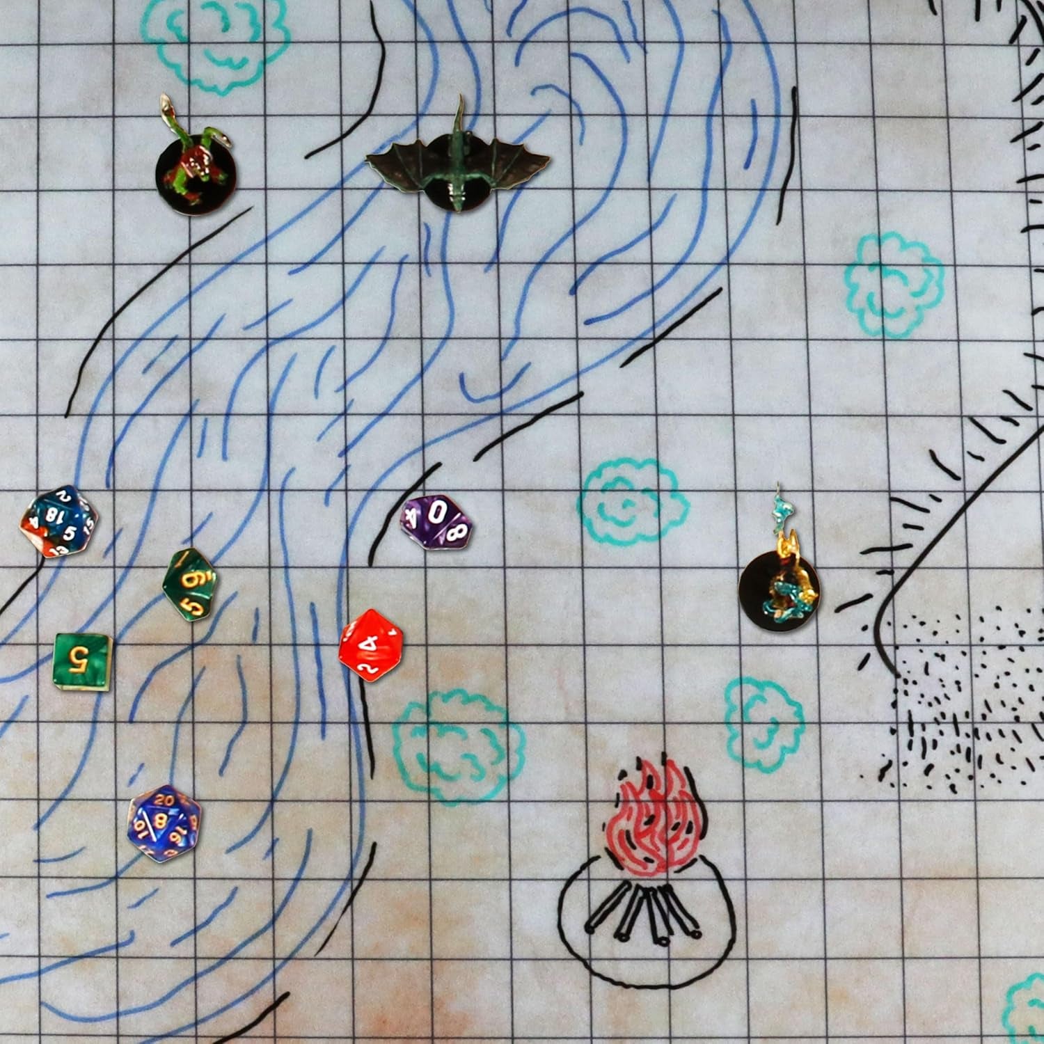 Deluxe RPG Grid Mat - DND Map (24X36In) with Premium Rubber, Non-Slip Grip, No Creasing - Dry Erase DND Mat Set for Masters and Starters, Erasable Parchment with Travel Pouch, Marker Set