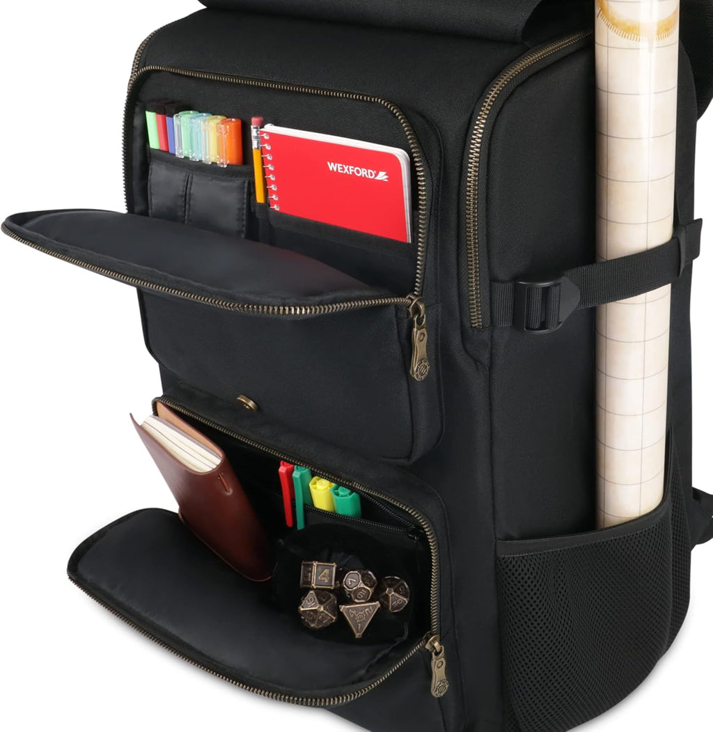 Dnd Backpack - RPG DM Bag for Dungeons and Dragons - Travel Dnd Bag Organizer Fits 6-8 Books Upright, 18" Laptop/Dm Screen Slot, Miniature Storage Foam Trays, Accessories Pockets, Map Strap