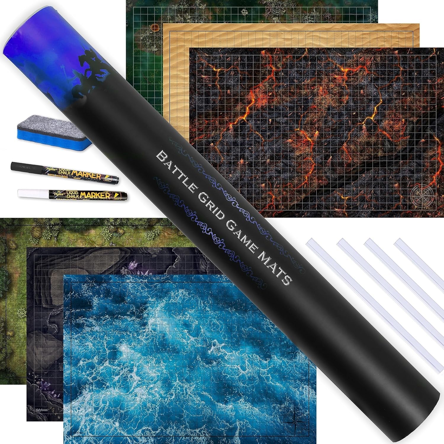 DND Expansion Pack | 3 X Double Sides 24X 36 Game Grid Mat | 6 Terrains with Lava, Sea, Forest, Cave, Swamp and Desert | Includes 2 X Dry Erase Markers, Eraser and Clips