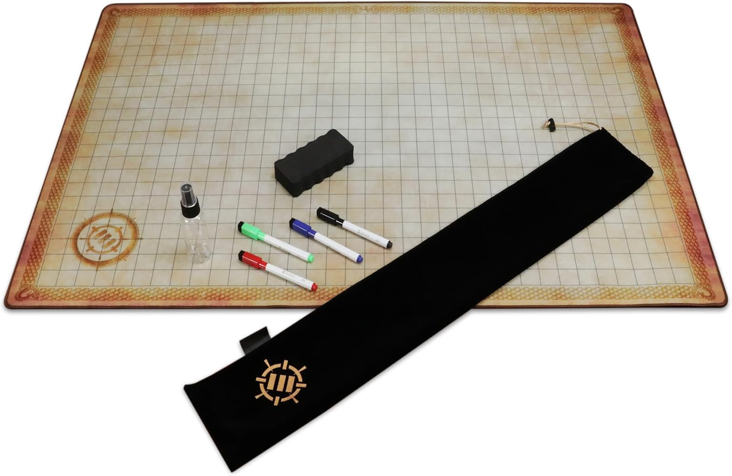 Deluxe RPG Grid Mat - DND Map (24X36In) with Premium Rubber, Non-Slip Grip, No Creasing - Dry Erase DND Mat Set for Masters and Starters, Erasable Parchment with Travel Pouch, Marker Set
